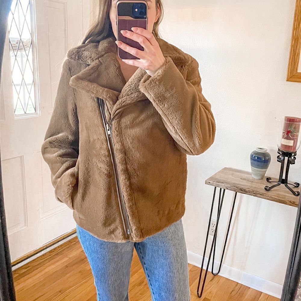 Vince Faux Fur Coat Moto Jacket Plush Brown